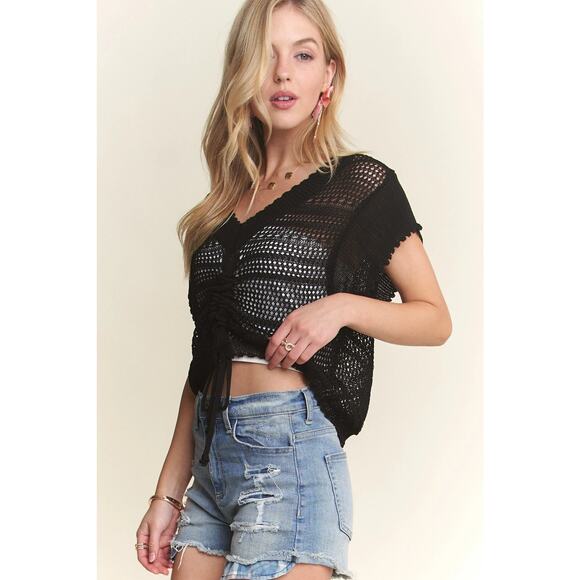 ADORA Front Drawstring Detail V-Neck Drop Shoulder Crochet Pattern Top | Black - Picture 2 of 6